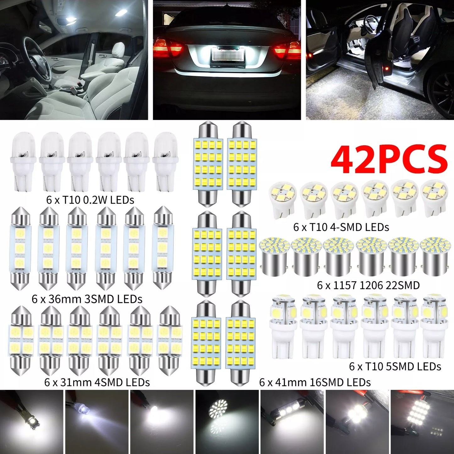 42PCS Car Interior Combo LED Map Dome Door Trunk License Plate Light Bulbs White