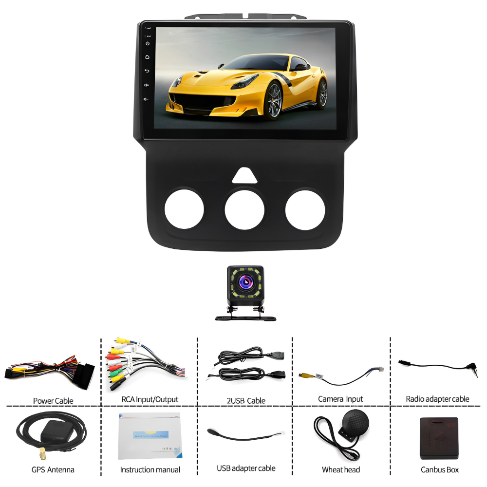 Android 13 Car Stereo for Dodge RAM (2013–2019) – 9" Touchscreen, Built-in CarPlay & Android Auto, 2GB+32GB, 12-LED Backup Camera, Black Frame (Manual A/C Version)