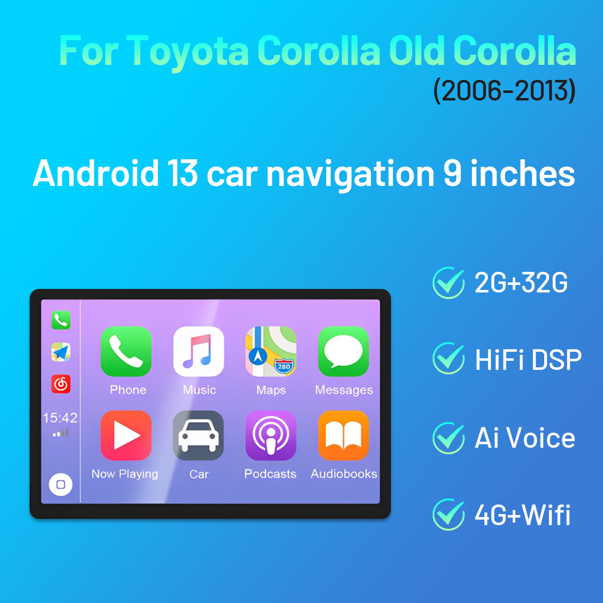 Android 13 Car Stereo for Toyota Corolla (2006–2013) – 9" Touchscreen with Wireless CarPlay, Android Auto, GPS, Bluetooth, 2+32GB