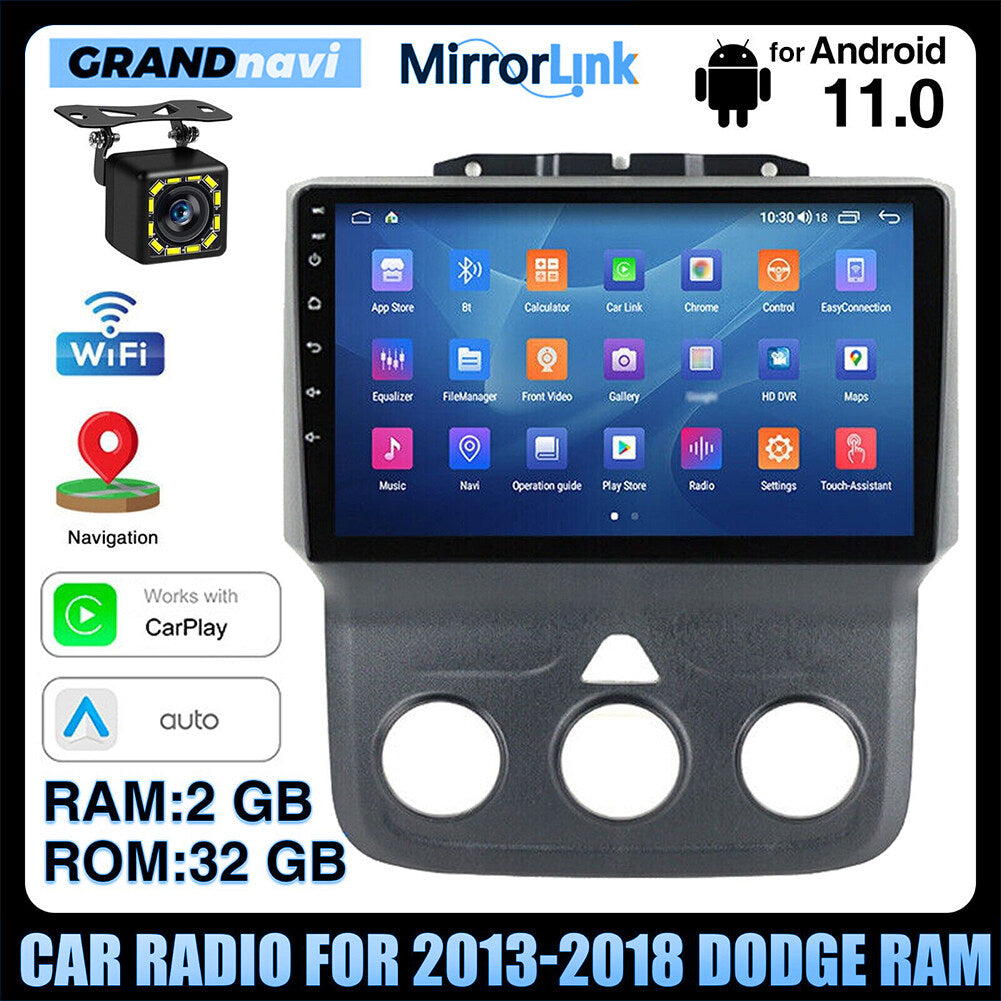 Android 13 Car Stereo for Dodge RAM (2013–2019) – 9" Touchscreen, Built-in CarPlay & Android Auto, 2GB+32GB, 12-LED Backup Camera, Black Frame (Manual A/C Version)