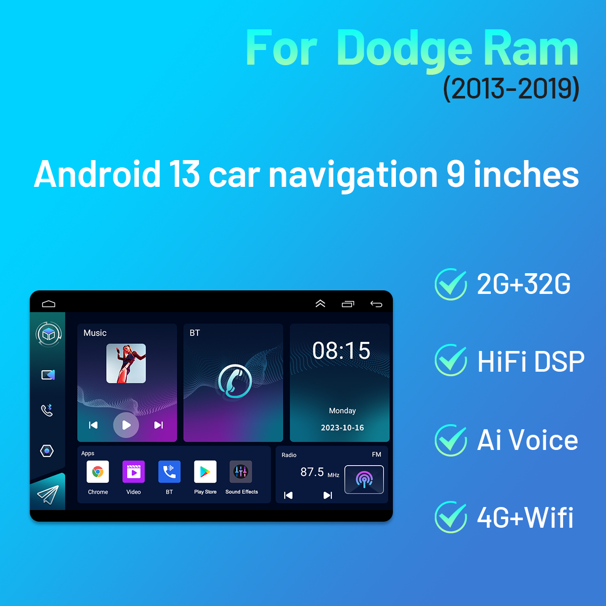 9Inch Car-play Car Stereo Radio GPS Navigation Compatible for Ram 1500 2500 3500 2013-2019 Android 13