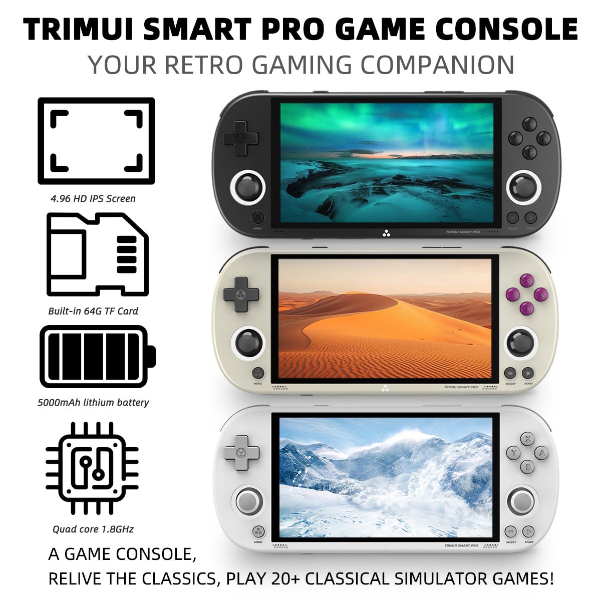 𝗧𝗿𝗶𝗺𝘂𝗶 Smart Pro Retro Game Console 4.96-Inches 720x1280 IPS Screen Built-in 256G TF Card Video Gaming Consoles 5000mAh Lithium Battery Supports Multiple Simulators Casual Game Console