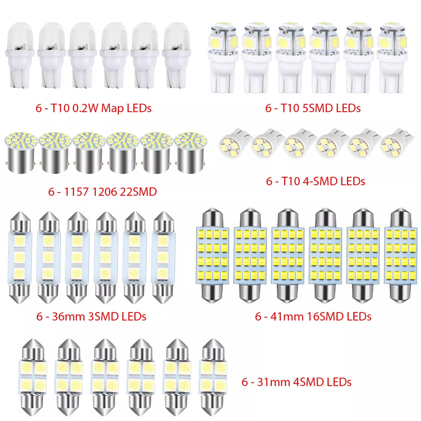 42PCS Car Interior Combo LED Map Dome Door Trunk License Plate Light Bulbs White