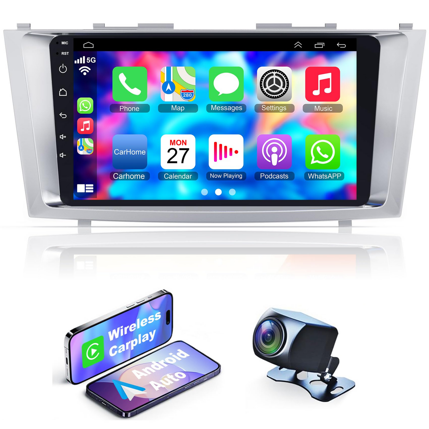 Car Navigation Player for Carplay/Android Auto 9 Inch Automobile Player Android 13 Bluetooth GPS Navigation Car Music Player Compatible for Camry 2007-2011