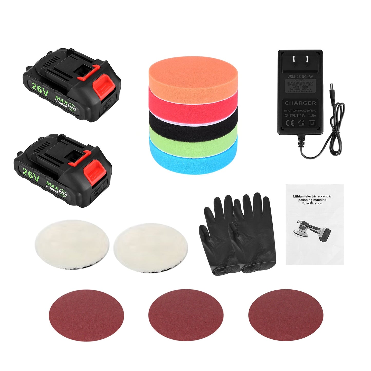 Cordless Rotary Car Polisher Kit, 11.8", 6 Variable Speeds 1200-5000RPM, 2×26V Batteries & 13 Attachments for Car/Boat Detailing & Waxing