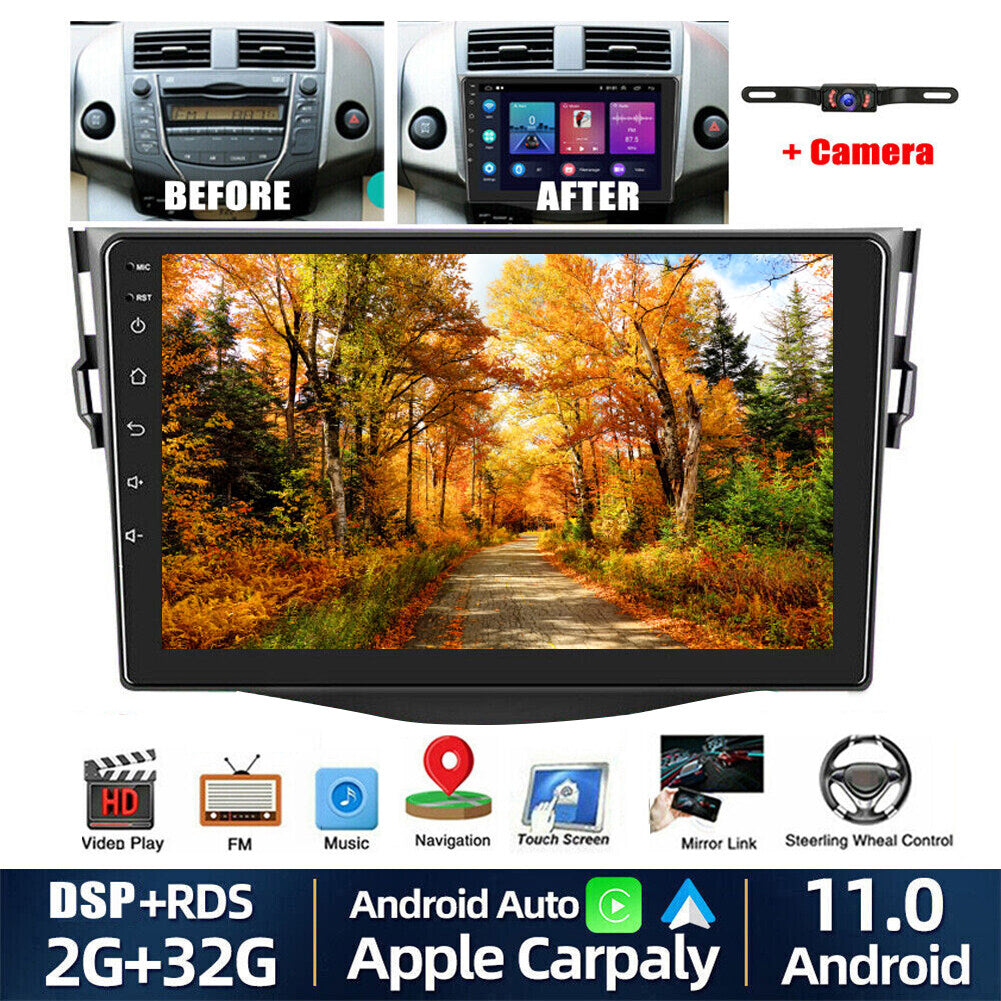 Android 13 Car Stereo for Toyota RAV4 2007–2012 – 9" Touchscreen with Wireless CarPlay & Android Auto, 2+32GB, Long License Plate Backup Camera