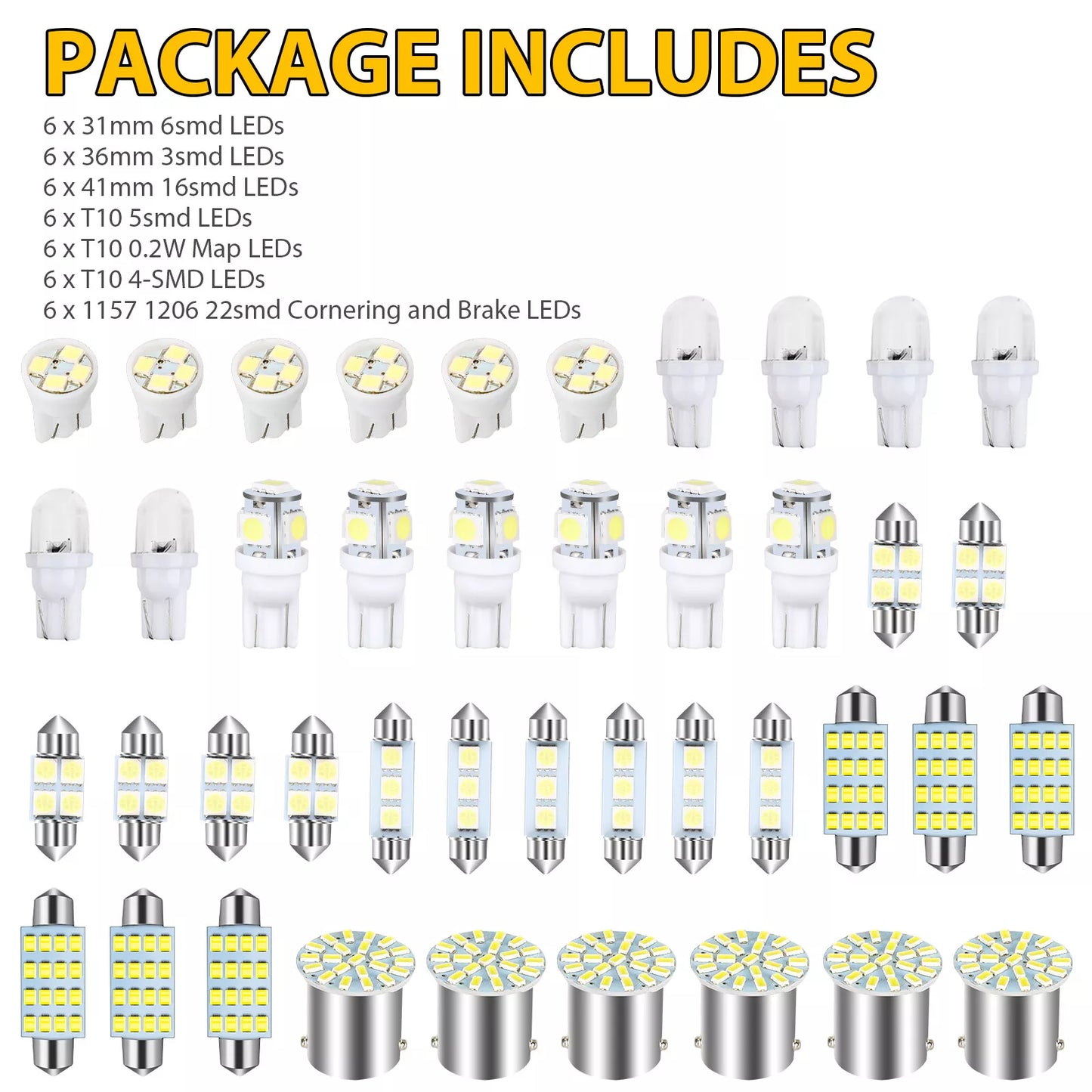 42PCS Car Interior Combo LED Map Dome Door Trunk License Plate Light Bulbs White