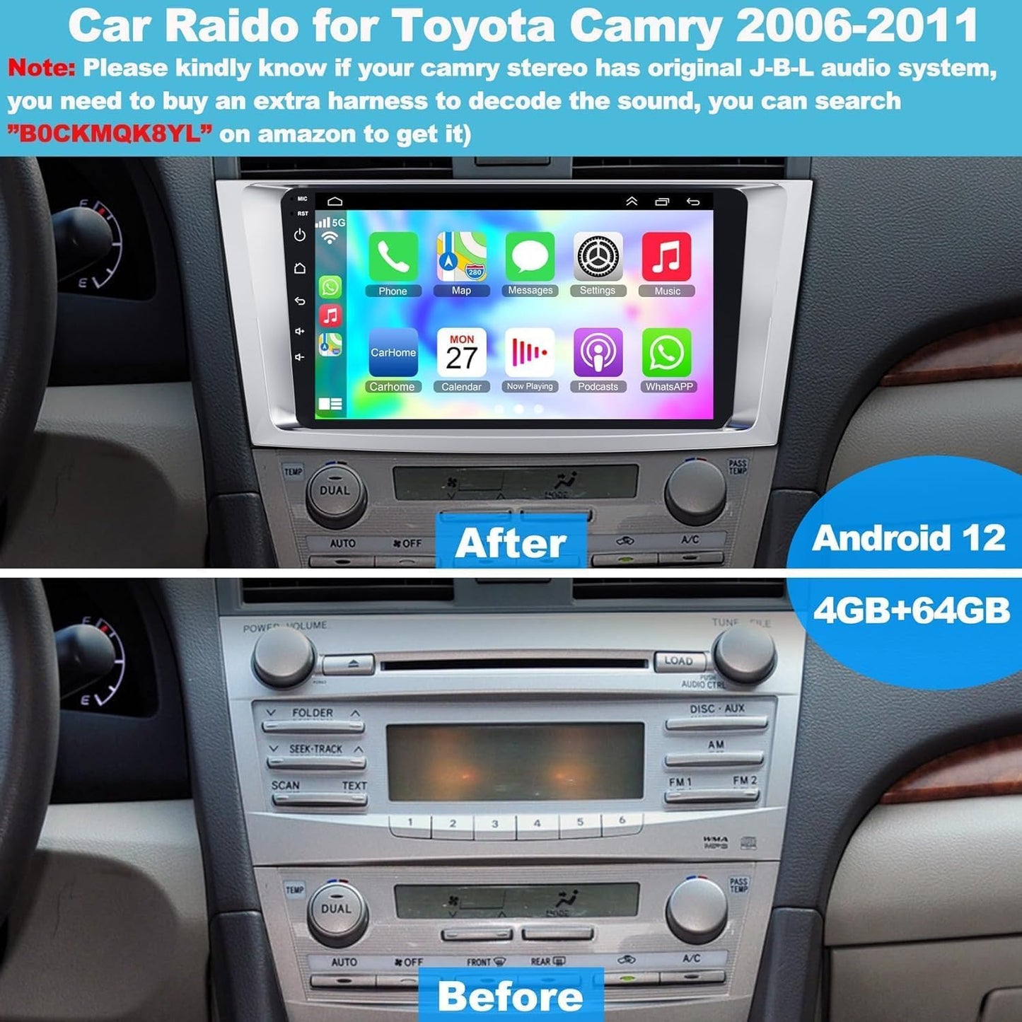 Car Navigation Player for Carplay/Android Auto 9 Inch Automobile Player Android 13 Bluetooth GPS Navigation Car Music Player Compatible for Camry 2007-2011