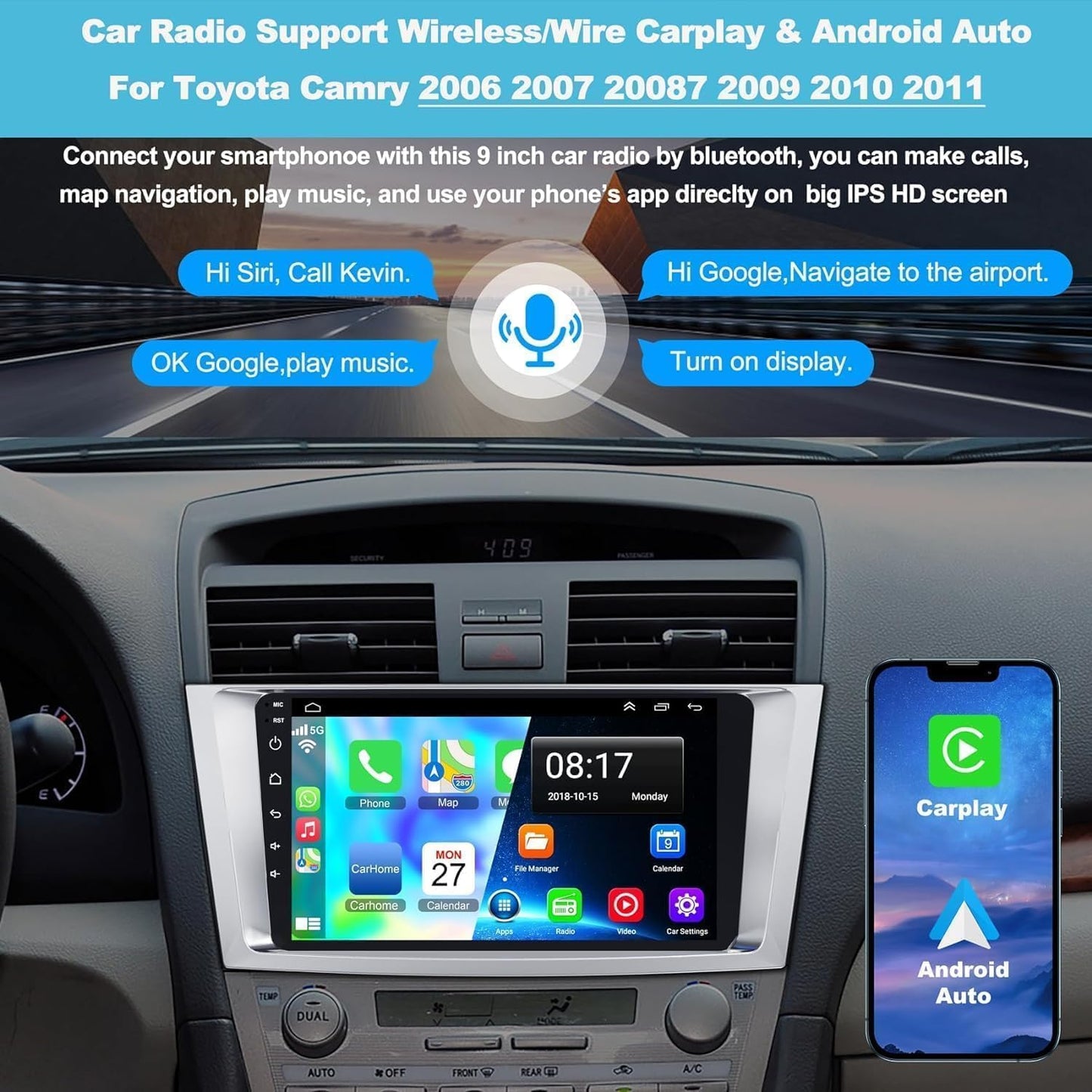 Car Navigation Player for Carplay/Android Auto 9 Inch Automobile Player Android 13 Bluetooth GPS Navigation Car Music Player Compatible for Camry 2007-2011