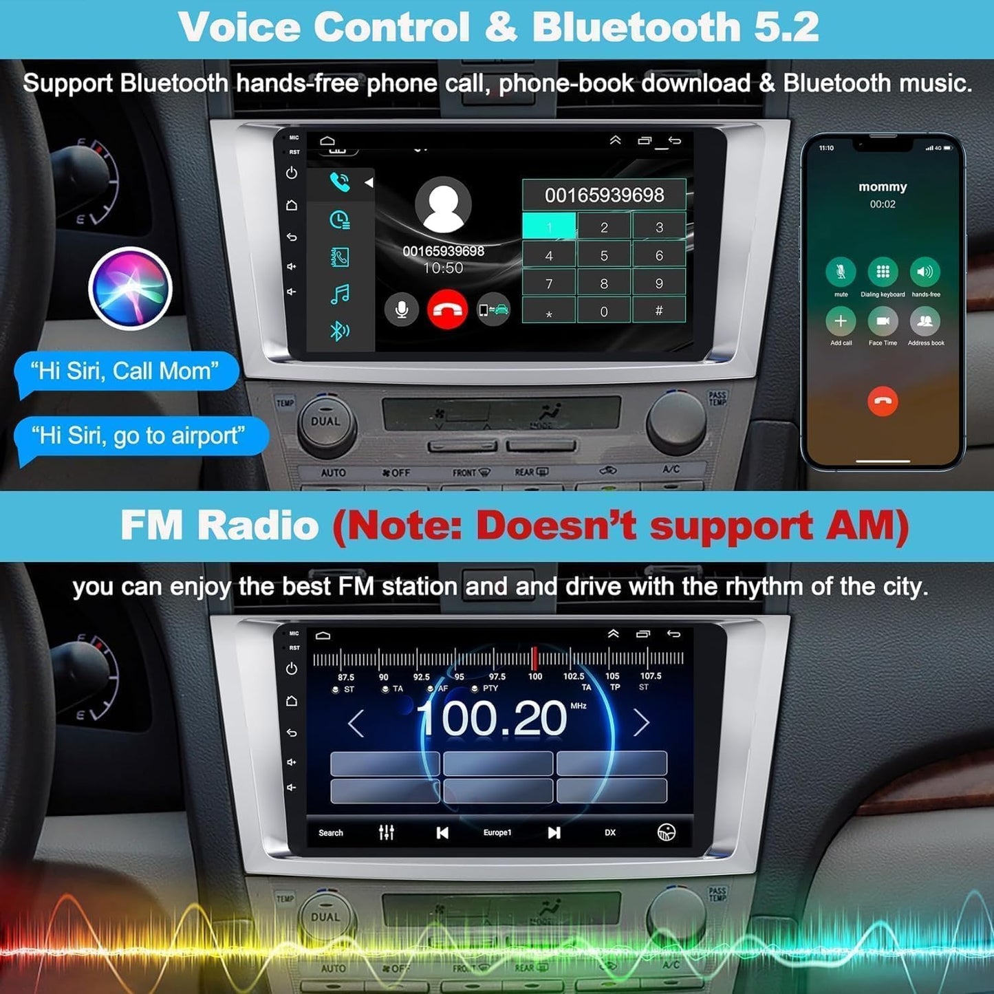 Car Navigation Player for Carplay/Android Auto 9 Inch Automobile Player Android 13 Bluetooth GPS Navigation Car Music Player Compatible for Camry 2007-2011