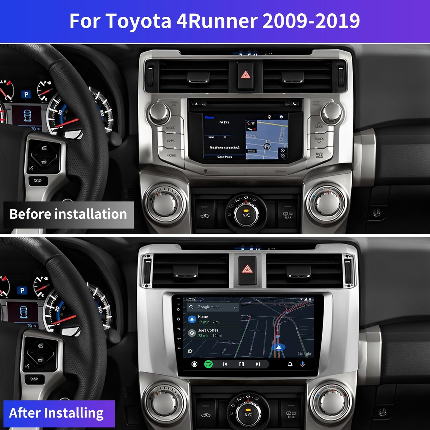 Car Navigation Player for Carplay/Android Auto 9 Inch Touch Screen Android 13 Automobile Music Player Bluetooth GPS Navigation Car Player Radio Compatible for Toyota 4Runner 2009-2019