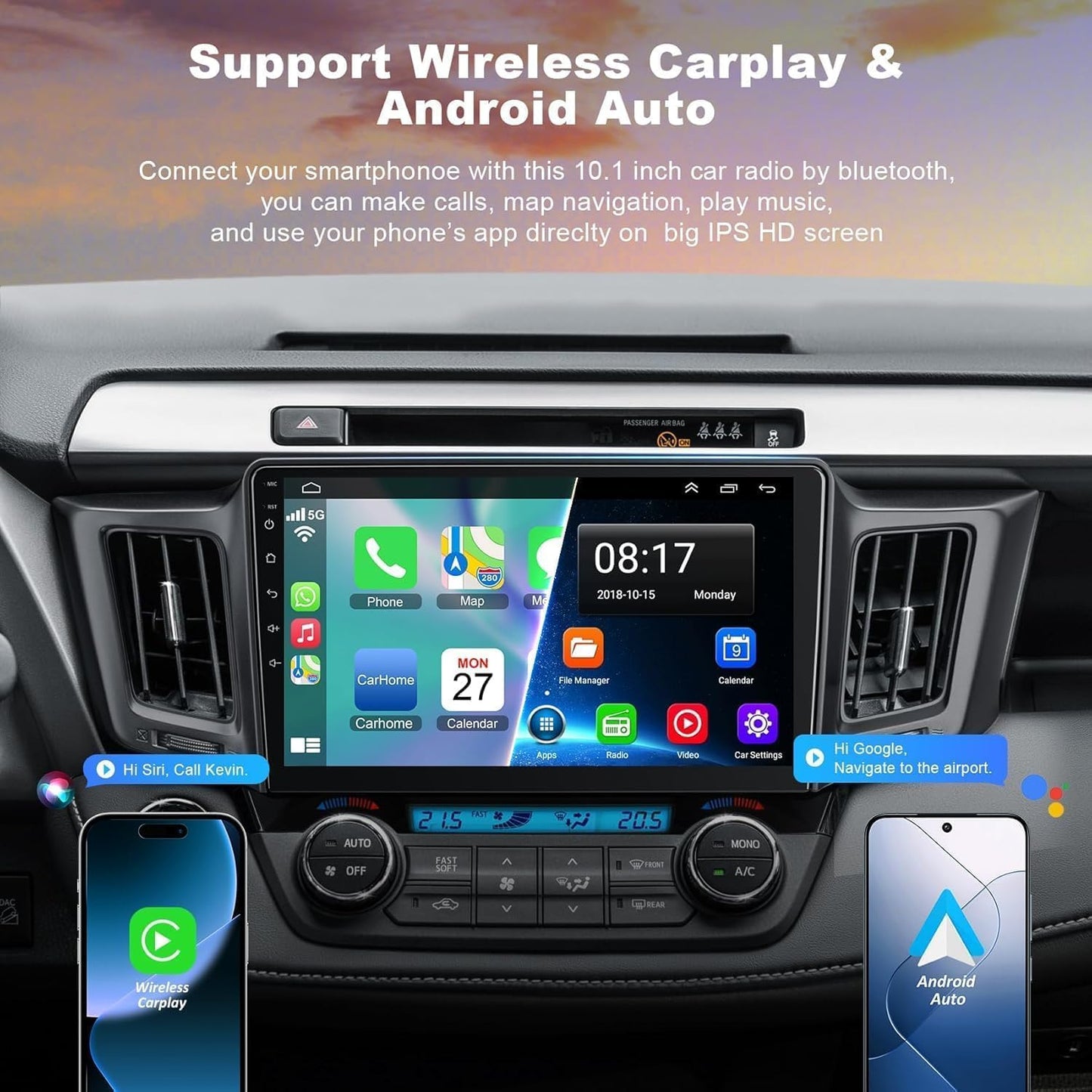 Android 13 4G+64G Car Radio Stereo for Toyota RAV4 2013-2018, Wireless Carplay&Android Auto with Support Bluetooth/Voice Control/GPS/WiFi/Back-up Camera/SWC/FM, 10.1 Inch IPS Touch Screen