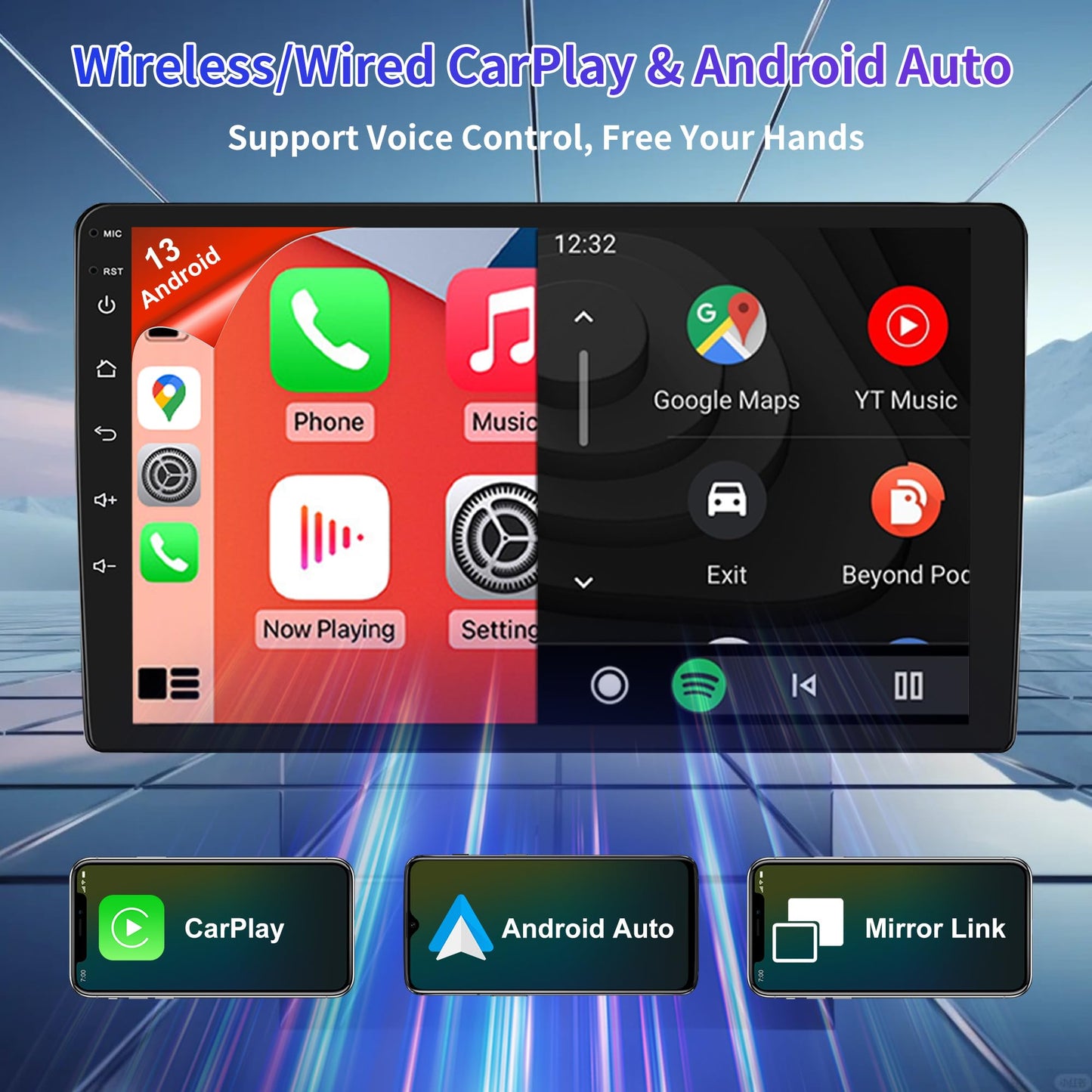 Car Navigation Player for Carplay/Android Auto 9 Inch Touch Screen Android 13 Automobile Music Player Bluetooth GPS Navigation Car Player Radio Compatible for Toyota 4Runner 2009-2019