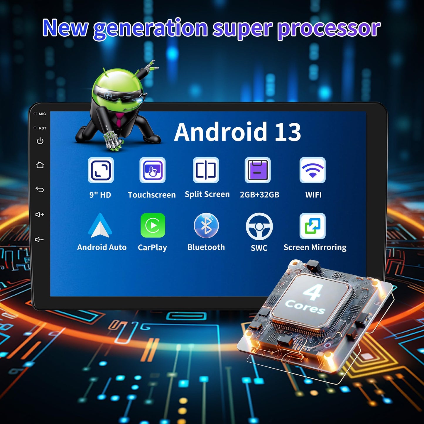 Car Navigation Player for Carplay/Android Auto 9 Inch Touch Screen Android 13 Automobile Music Player Bluetooth GPS Navigation Car Player Radio Compatible for Toyota 4Runner 2009-2019