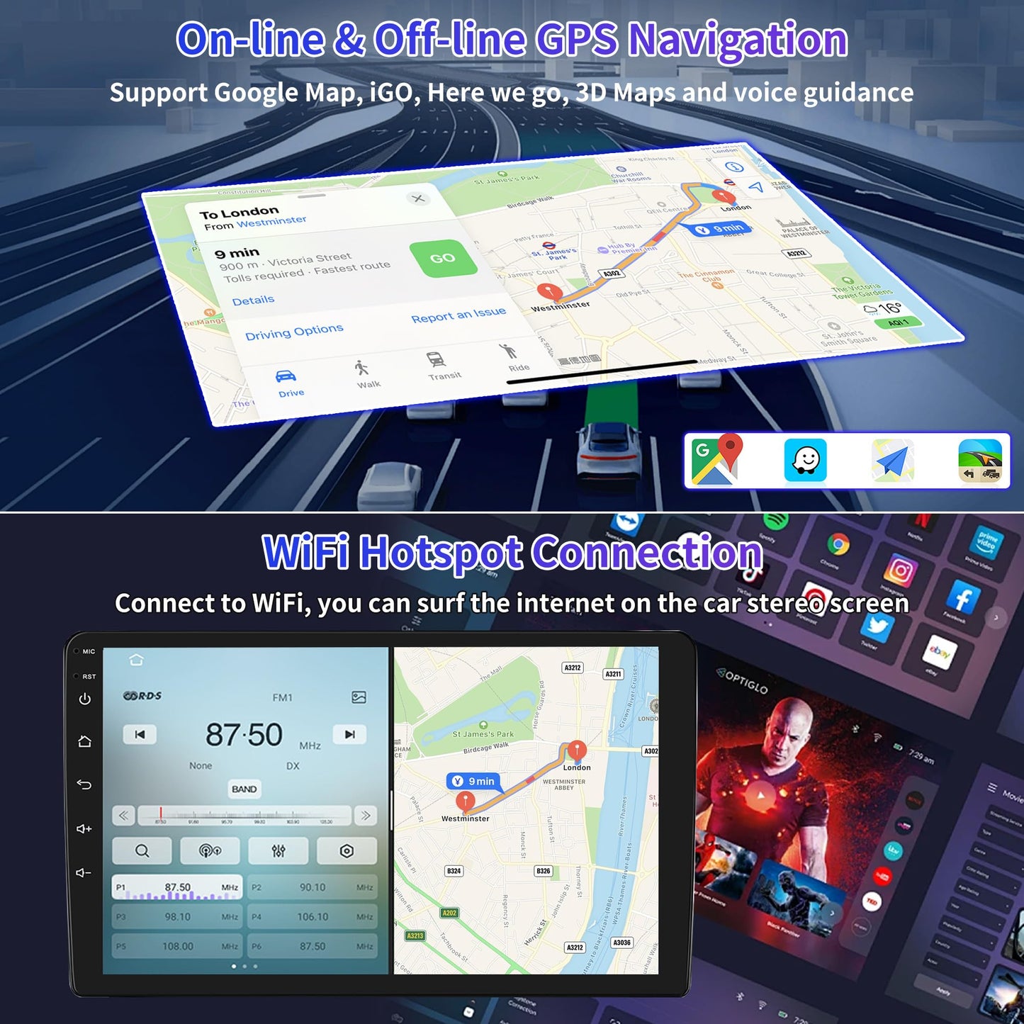 Car Navigation Player for Carplay/Android Auto 9 Inch Touch Screen Android 13 Automobile Music Player Bluetooth GPS Navigation Car Player Radio Compatible for Toyota 4Runner 2009-2019