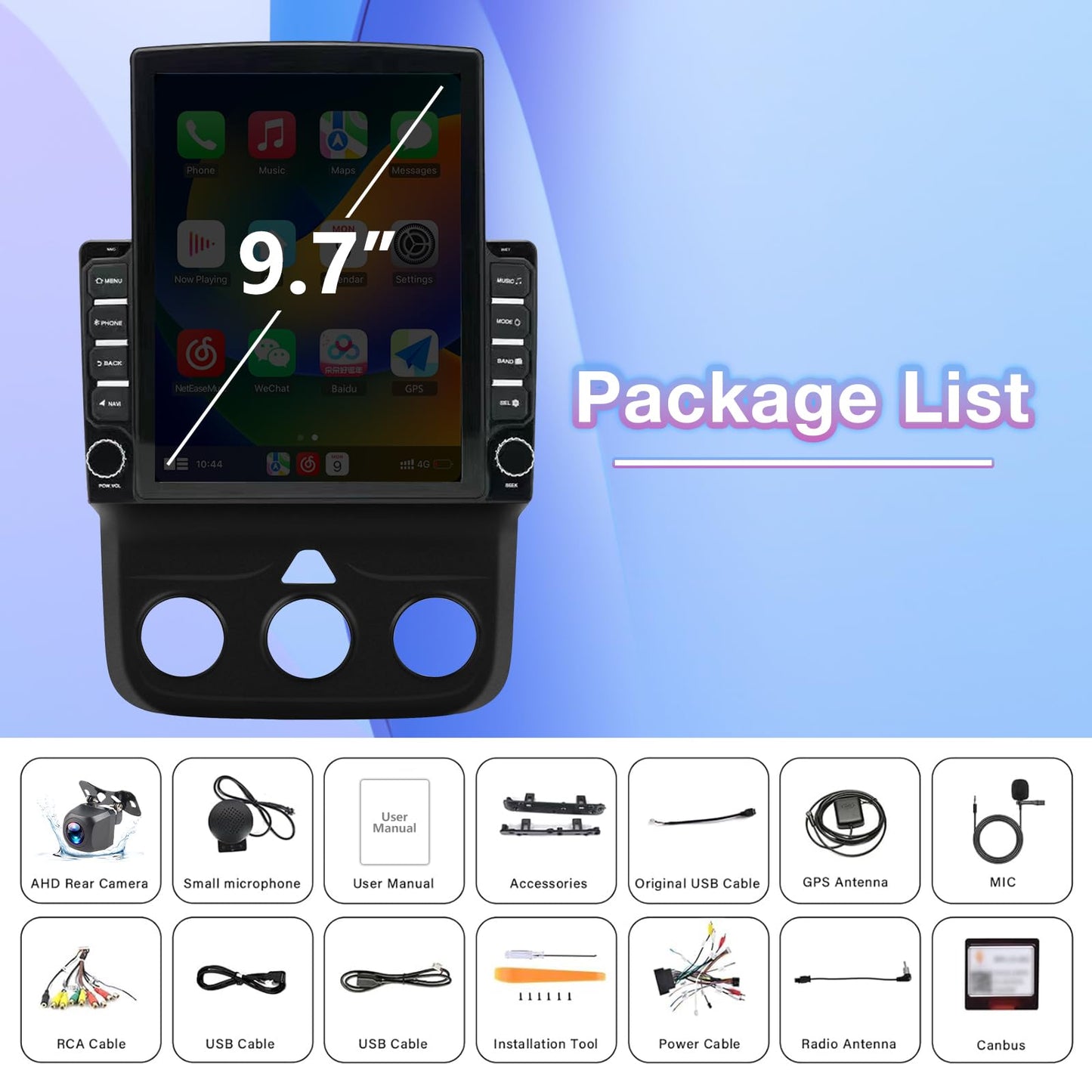 Android 13 Vertical 9.7" Car Stereo for Dodge RAM 2013–2019 – Wireless CarPlay & Android Auto, 2+32GB, AHD 12-LED Backup Camera, Manual AC Controls, Black Frame