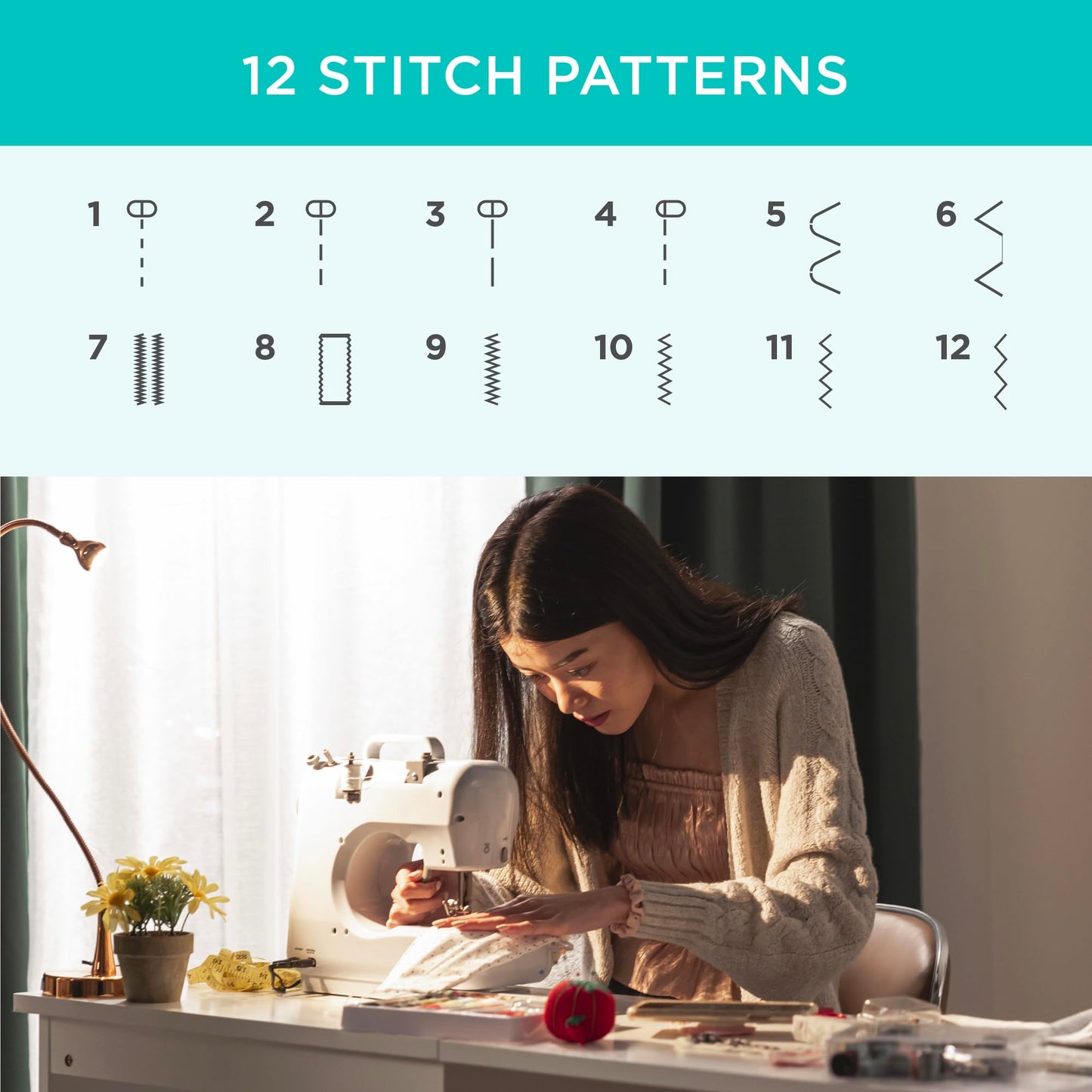 Portable Sewing Machine – Lightweight, 12 Built-in Stitches, 2-Speed with Foot Pedal, Built-in Light & Storage Drawer