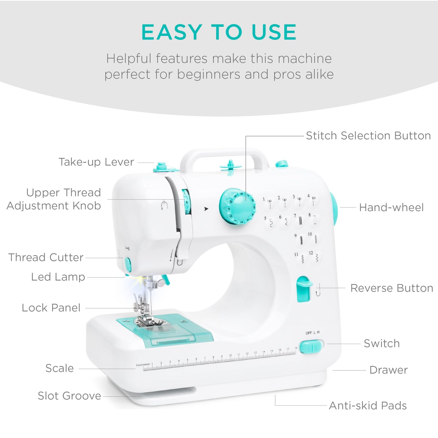 Portable Sewing Machine – Lightweight, 12 Built-in Stitches, 2-Speed with Foot Pedal, Built-in Light & Storage Drawer
