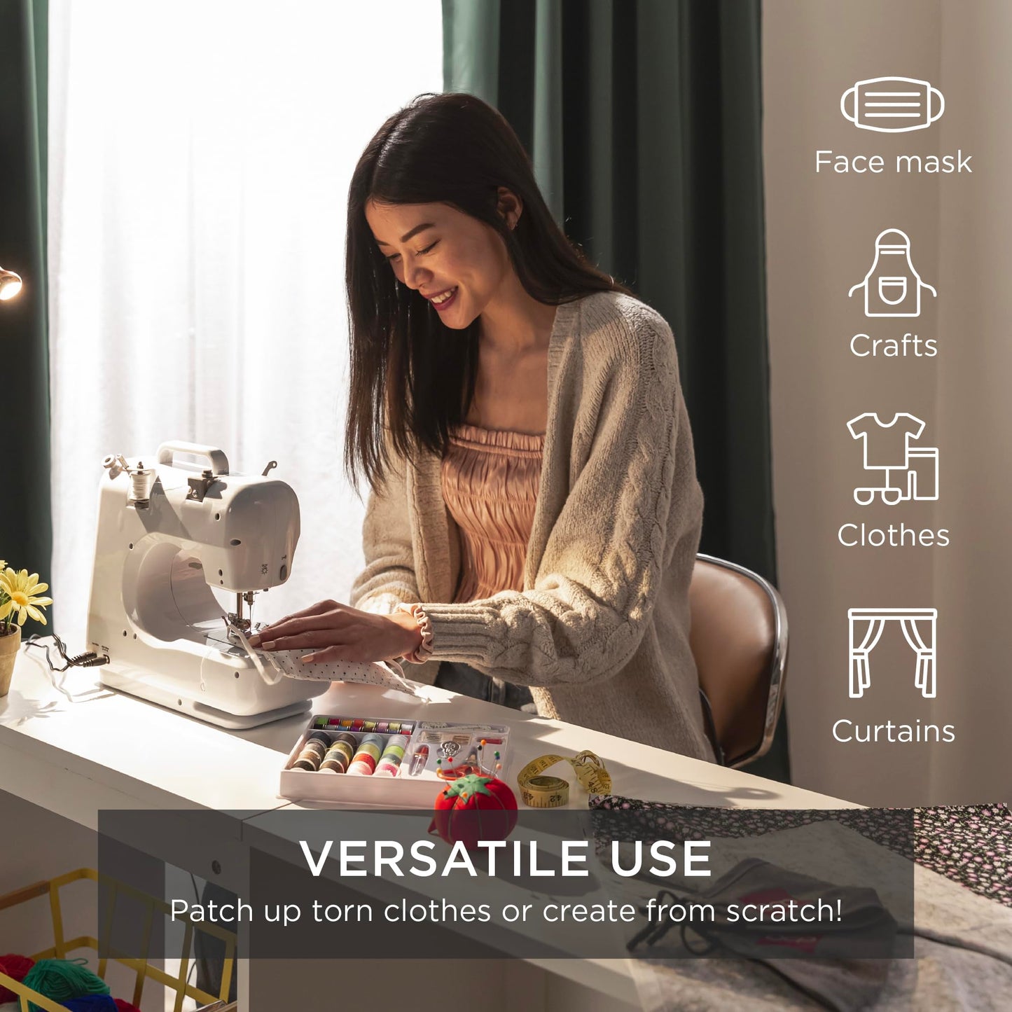 Portable Sewing Machine – Lightweight, 12 Built-in Stitches, 2-Speed with Foot Pedal, Built-in Light & Storage Drawer