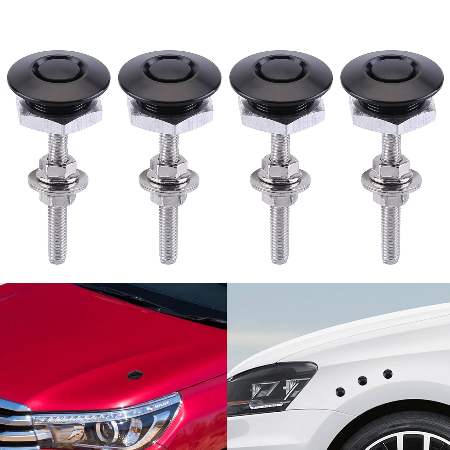 4-Pack Universal Aluminum Car Hood Pins - 1.25" Quick Release Latch, Push Button Lock for Bumper, Bonnet, License Plate