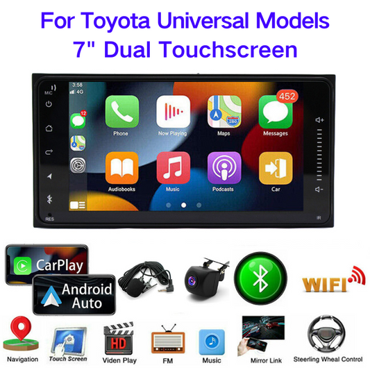 CarPlay & Android Auto Car Stereo for Toyota Universal (Fits Corolla) – 7" Dual Touchscreen, Android 13, 2+32GB, AHD Backup Camera & Microphone