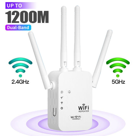 WiFi Extender, WiFi Booster 6X Stronger 1200Mbps WiFi 2.4 & 5Ghz Dual Band (9000 Sq.ft), WiFi Signal Strong Permeability 35 Devices 4 Modes 1-Tap Setting, 4 Antenna 360° Full Coverage, Support Ethernet Port US Plug