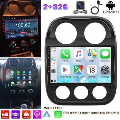 Android 13 Car Stereo for Jeep Compass (2009–2016) – 10" Touchscreen, Built-in CarPlay & Android Auto, 2GB+32GB, AHD Backup Camera, Microphone & Installation Tools Included