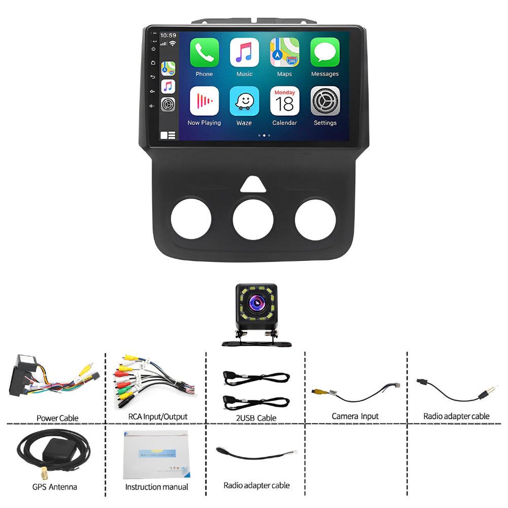Android 13 Car Stereo for Dodge RAM (2013–2019) – 9" Touchscreen, Built-in CarPlay & Android Auto, 2GB+32GB, 12-LED Backup Camera, Black Frame (Manual A/C Version)