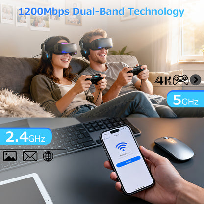 Kompakter WLAN-Signalverstärker mit 1200 Mbit/s und Ethernet-Anschluss. Unterstützt 5-GHz- und 2,4-GHz-Frequenzen für jeden Router. Verbessert Ihr WLAN-Erlebnis.