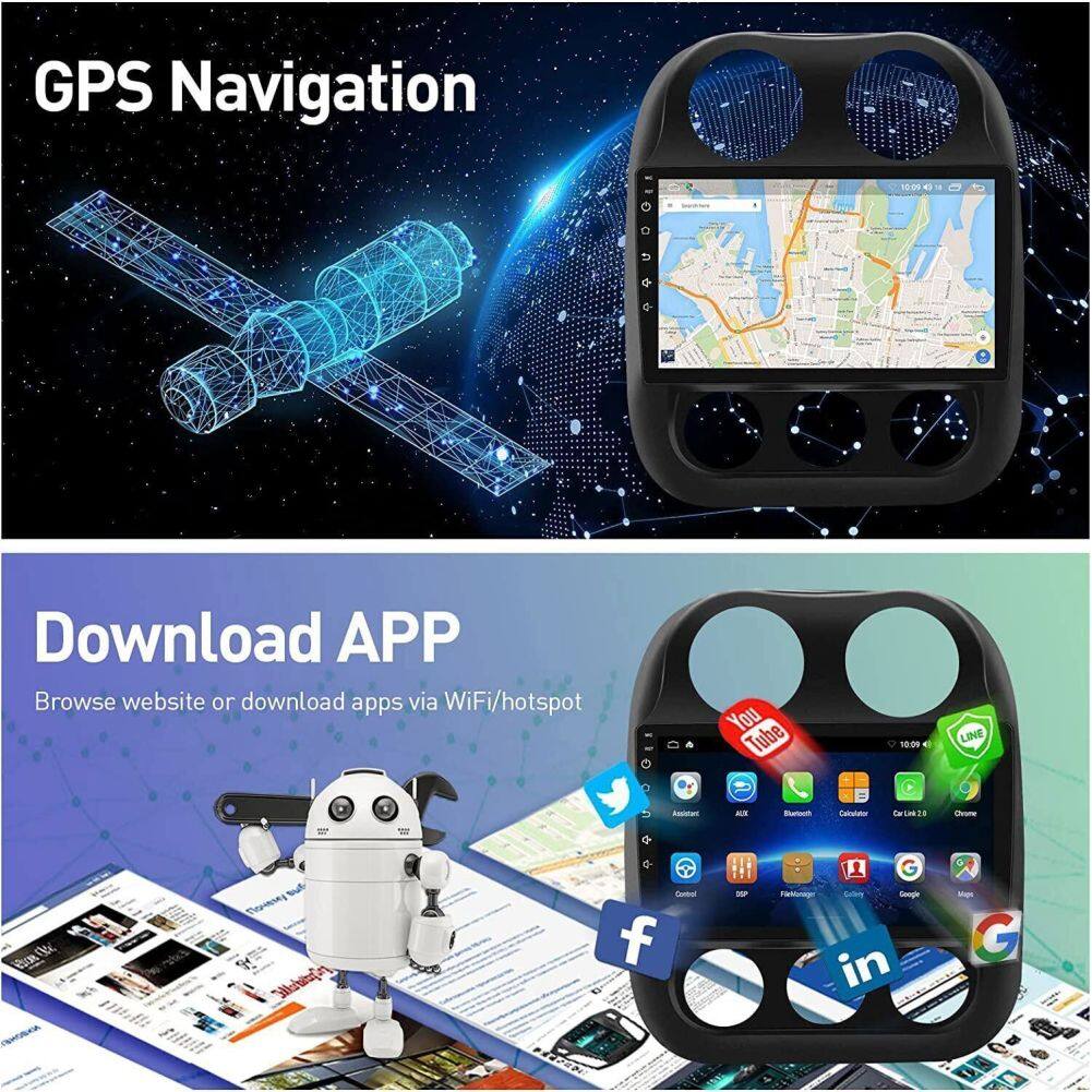 Android 13 Car Stereo for Jeep Compass (2009–2016) – 10" Touchscreen, Built-in CarPlay & Android Auto, 2GB+32GB, AHD Backup Camera, Microphone & Installation Tools Included