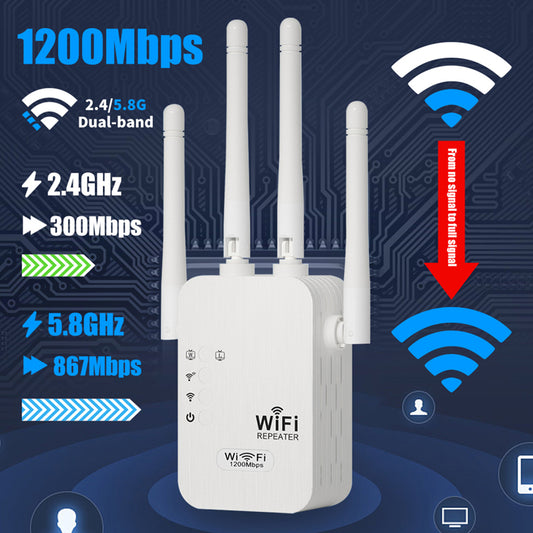 WiFi Extender, WiFi Booster 6X Stronger 1200Mbps WiFi 2.4 & 5Ghz Dual Band (9000 Sq.ft), WiFi Signal Strong Permeability 35 Devices 4 Modes 1-Tap Setting, 4 Antenna 360° Full Coverage, Support Ethernet Port US Plug