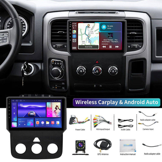 Android 13 Car Stereo for Dodge RAM (2013–2019) – 9" Touchscreen, Built-in CarPlay & Android Auto, 2GB+32GB, 12-LED Backup Camera, Black Frame (Manual A/C Version)