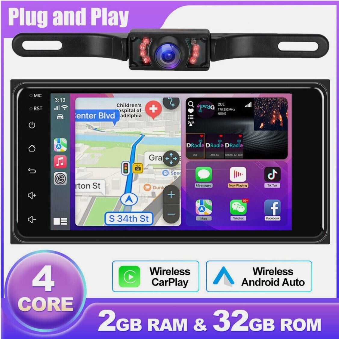 CarPlay & Android Auto Car Stereo for Toyota Universal (Fits Corolla) – 7" Dual Touchscreen, Android 13, 2+32GB, AHD Backup Camera & Microphone