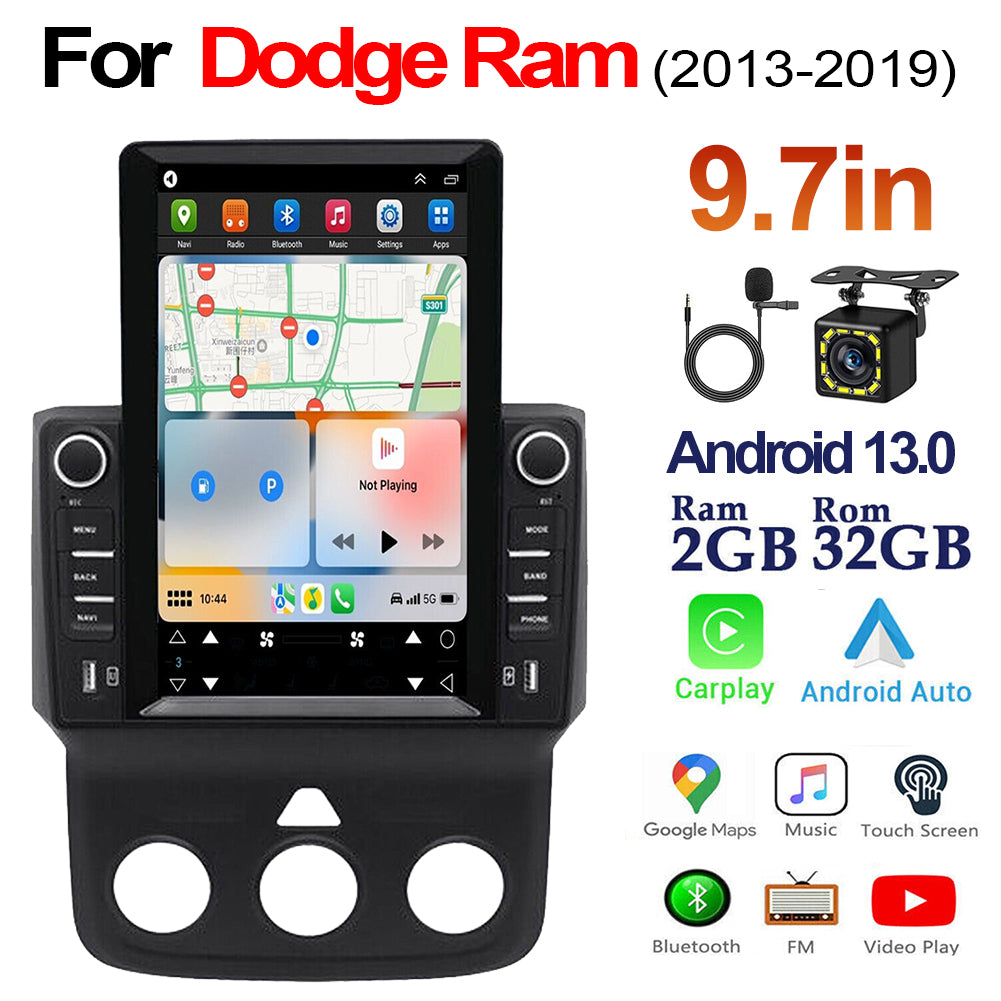 Android 13 Vertical 9.7" Car Stereo for Dodge RAM 2013–2019 – Wireless CarPlay & Android Auto, 2+32GB, AHD 12-LED Backup Camera, Manual AC Controls, Black Frame