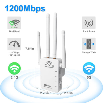 1200 Mbit/s BHP 5G High-Speed-Repeater, Signalverstärker, WLAN-Booster, Dualband-WLAN-Netzwerk, Vierdraht-Repeater, UK-Spezifikation, Weiß