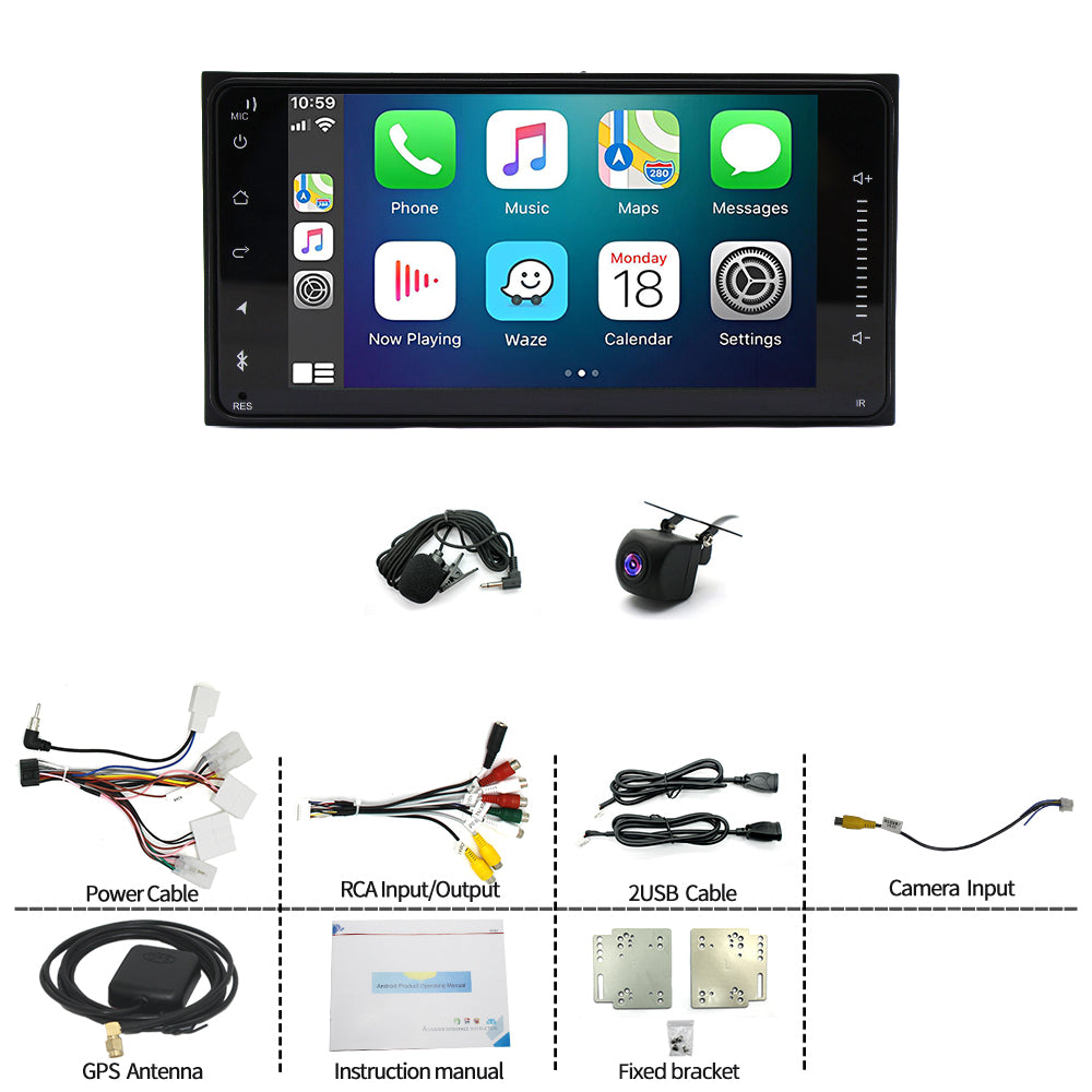 CarPlay & Android Auto Car Stereo for Toyota Universal (Fits Corolla) – 7" Dual Touchscreen, Android 13, 2+32GB, AHD Backup Camera & Microphone