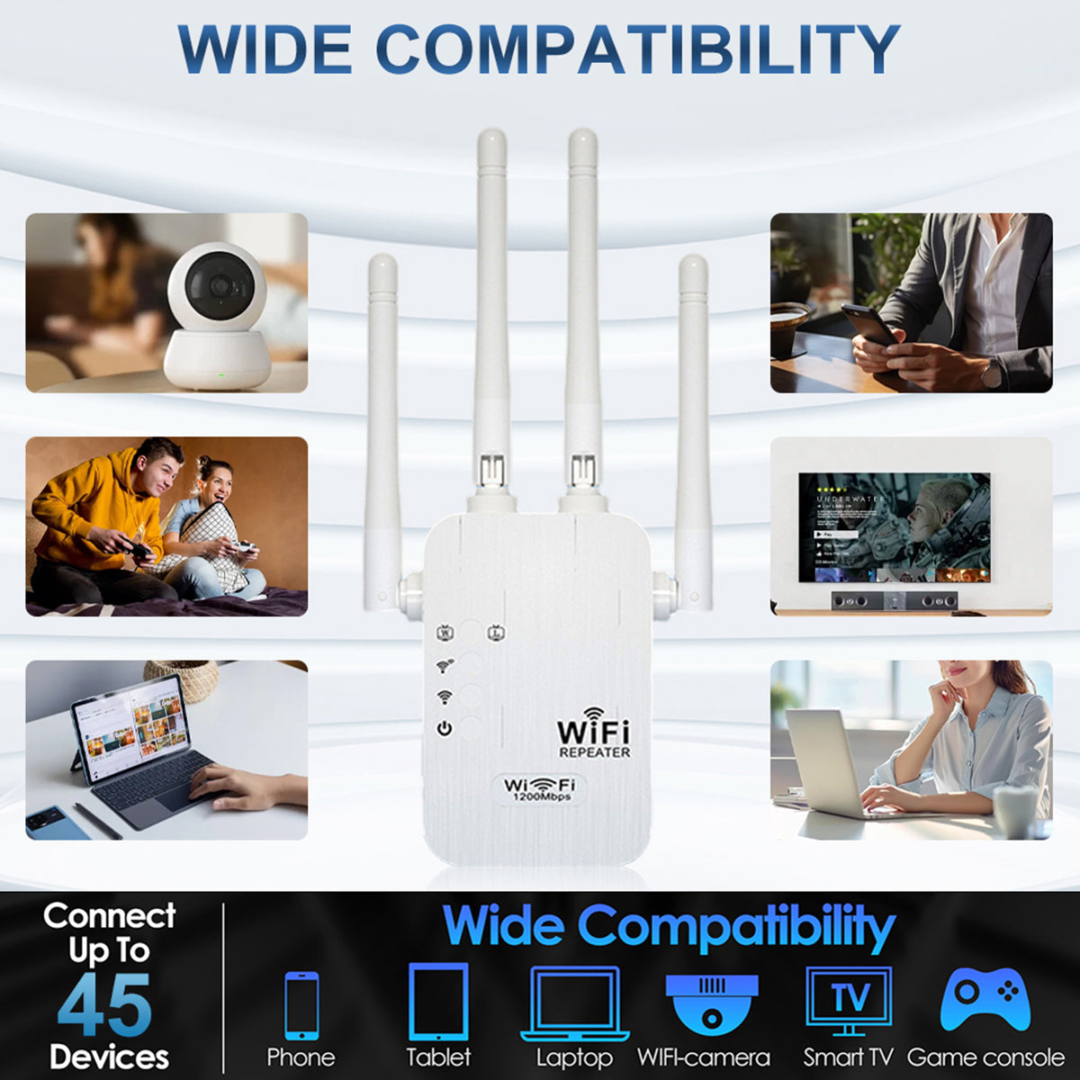 WiFi Extender, WiFi Booster 6X Stronger 1200Mbps WiFi 2.4 & 5Ghz Dual Band (9000 Sq.ft), WiFi Signal Strong Permeability 35 Devices 4 Modes 1-Tap Setting, 4 Antenna 360° Full Coverage, Support Ethernet Port US Plug