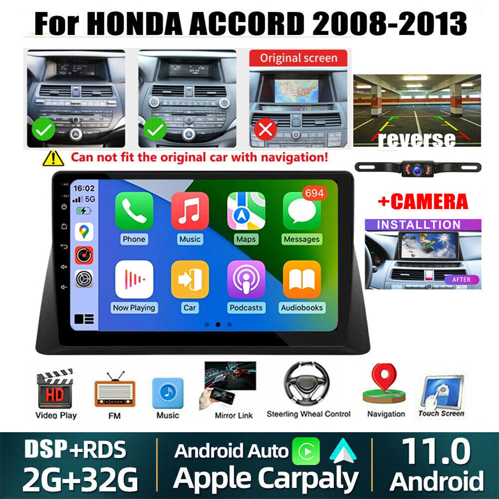 Android 13 Car Stereo for Honda Accord (2008–2013) – 10" Touchscreen, Built-in CarPlay & Android Auto, 2+32GB, Short License Plate Backup Camera