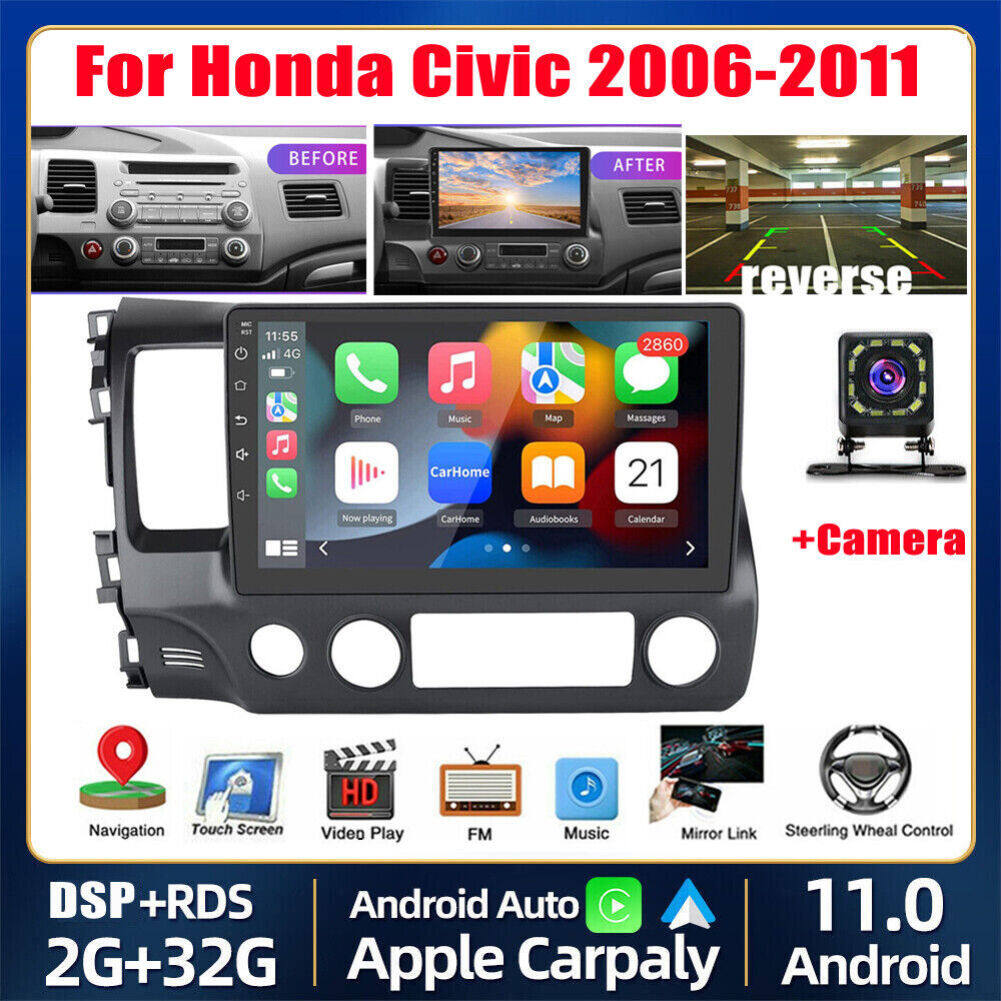 Android 13 Car Stereo for Honda Civic (2006–2011) – 10" Touchscreen, CarPlay & Android Auto, 2+32GB, 12-LED Backup Camera, Left-Hand Drive Compatible