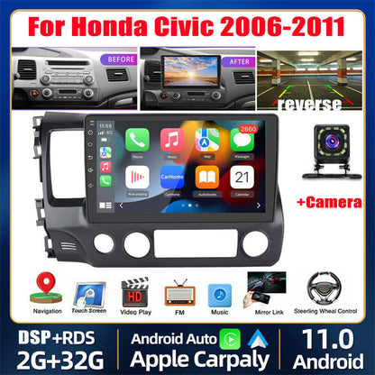 Android 13 Car Stereo for Honda Civic (2006–2011) – 10" Touchscreen, CarPlay & Android Auto, 2+32GB, 12-LED Backup Camera, Left-Hand Drive Compatible