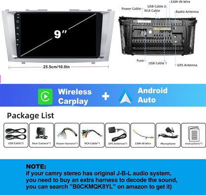 Car Navigation Player for Carplay/Android Auto 9 Inch Automobile Player Android 13 Bluetooth GPS Navigation Car Music Player Compatible for Camry 2007-2011
