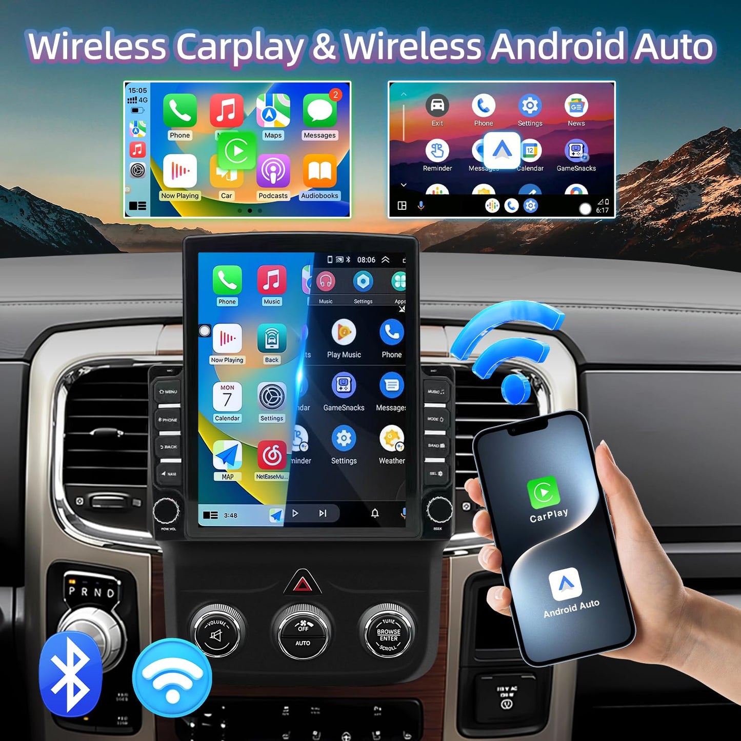 Android 13 Vertical 9.7" Car Stereo for Dodge RAM 2013–2019 – Wireless CarPlay & Android Auto, 2+32GB, AHD 12-LED Backup Camera, Manual AC Controls, Black Frame