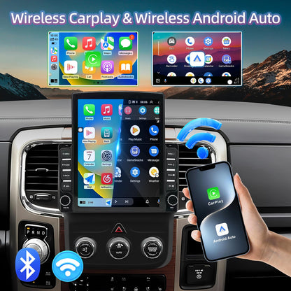 Android 13 Vertical 9.7" Car Stereo for Dodge RAM 2013–2019 – Wireless CarPlay & Android Auto, 2+32GB, AHD 12-LED Backup Camera, Manual AC Controls, Black Frame