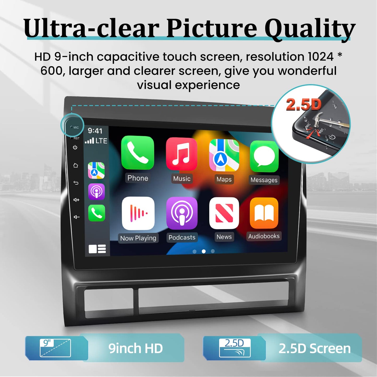 Android 13 Car Stereo for 2005–2013 Toyota Tacoma – 9" Touchscreen with Wireless CarPlay, Android Auto, 2+32GB, AHD Backup Camera & Microphone