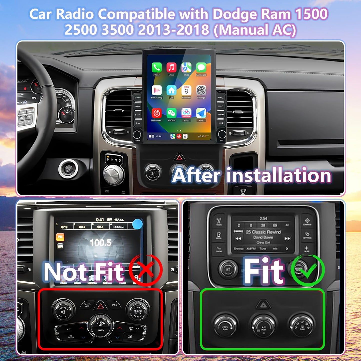Android 13 Vertical 9.7" Car Stereo for Dodge RAM 2013–2019 – Wireless CarPlay & Android Auto, 2+32GB, AHD 12-LED Backup Camera, Manual AC Controls, Black Frame