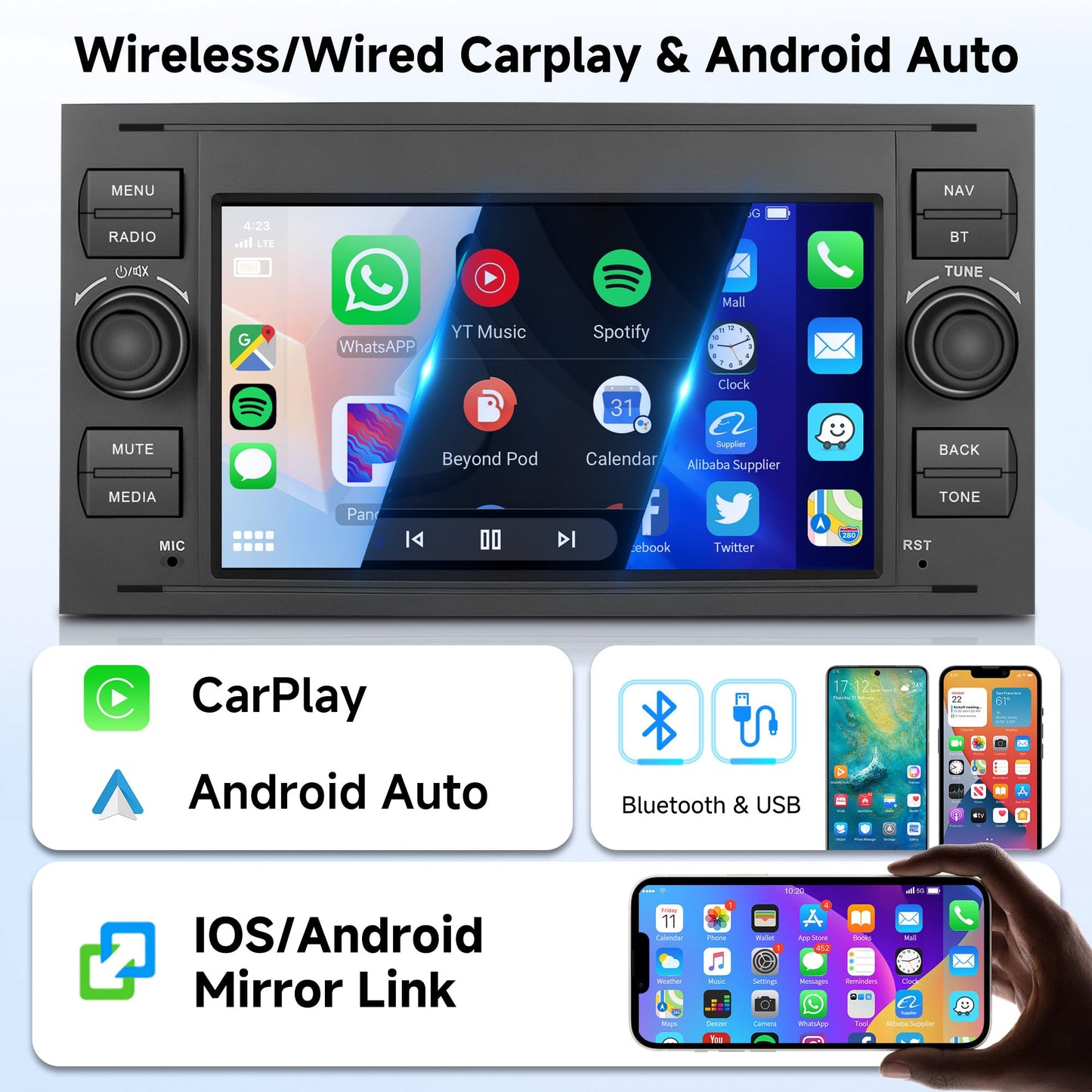 Android 13 Car Stereo for Ford Transit (Universal Model) – 7" Touchscreen with Built-in Wireless CarPlay & Android Auto, 4+64GB, AHD Rear Camera & Microphone