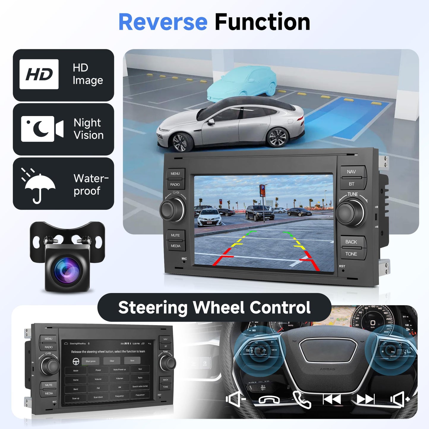 Android 13 Car Stereo for Ford Transit (Universal Model) – 7" Touchscreen with Built-in Wireless CarPlay & Android Auto, 4+64GB, AHD Rear Camera & Microphone