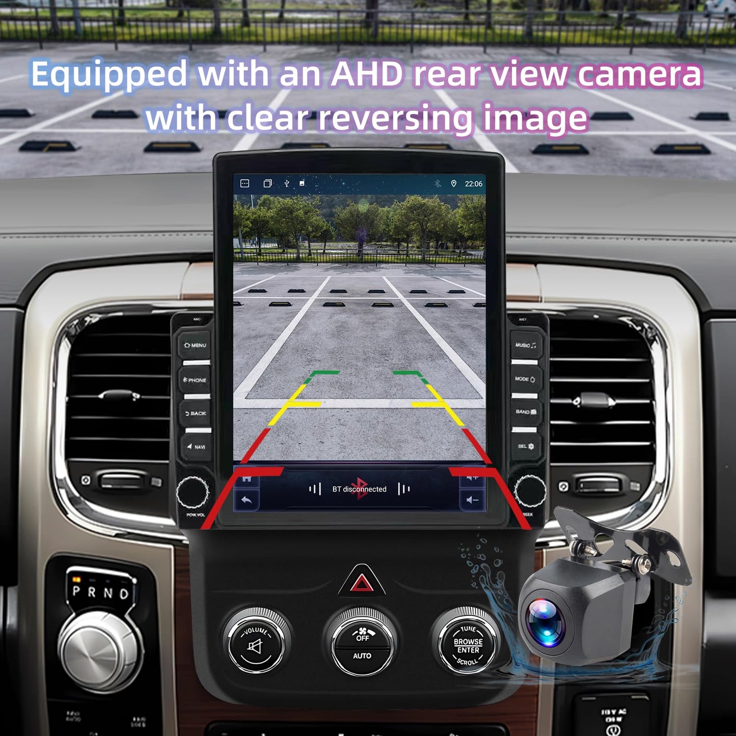 Android 13 Vertical 9.7" Car Stereo for Dodge RAM 2013–2019 – Wireless CarPlay & Android Auto, 2+32GB, AHD 12-LED Backup Camera, Manual AC Controls, Black Frame