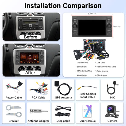 Android 13 Car Stereo for Ford Transit (Universal Model) – 7" Touchscreen with Built-in Wireless CarPlay & Android Auto, 4+64GB, AHD Rear Camera & Microphone