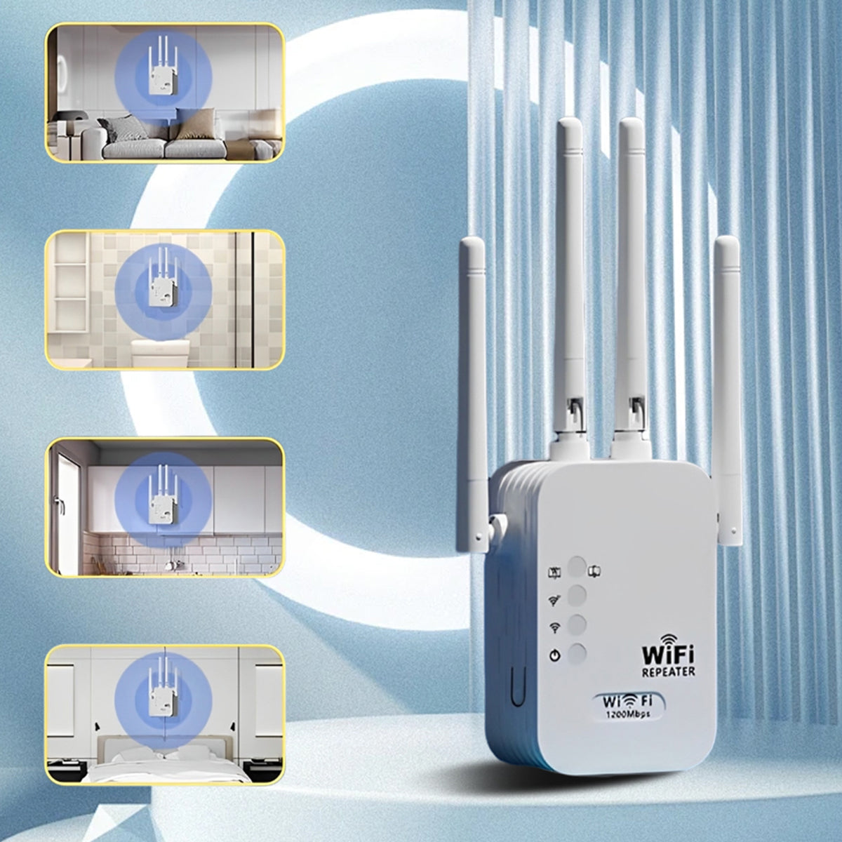 WiFi Extender, WiFi Booster 6X Stronger 1200Mbps WiFi 2.4 & 5Ghz Dual Band (9000 Sq.ft), WiFi Signal Strong Permeability 35 Devices 4 Modes 1-Tap Setting, 4 Antenna 360° Full Coverage, Support Ethernet Port US Plug